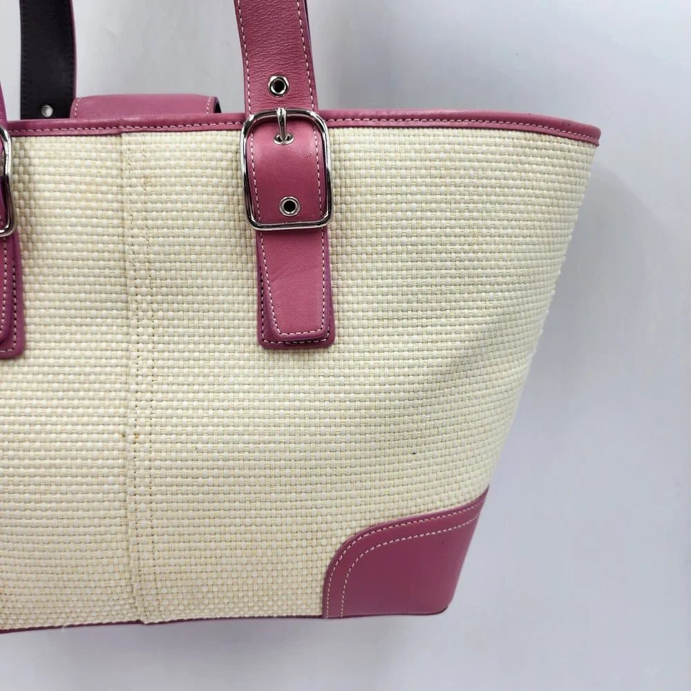 Y2K Coach Woven Straw Tote Bag Pink Leather Trim Buckle Preppy Shoulder Purse
